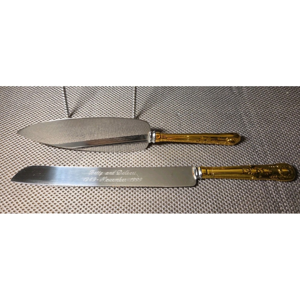 Vintage 50th Anniversary Cake Knife & Server Set Gold Tone Handles Engraved
